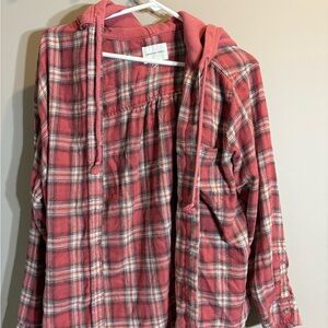 American Eagle Outfitters Pink Plaid Hooded Flannel Shirt
